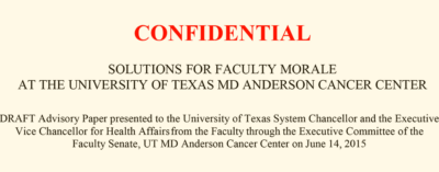 MD Anderson Faculty White Paper To UT Chancellor Calls for Executive Pay Freeze, Elimination of “Two-Class System”