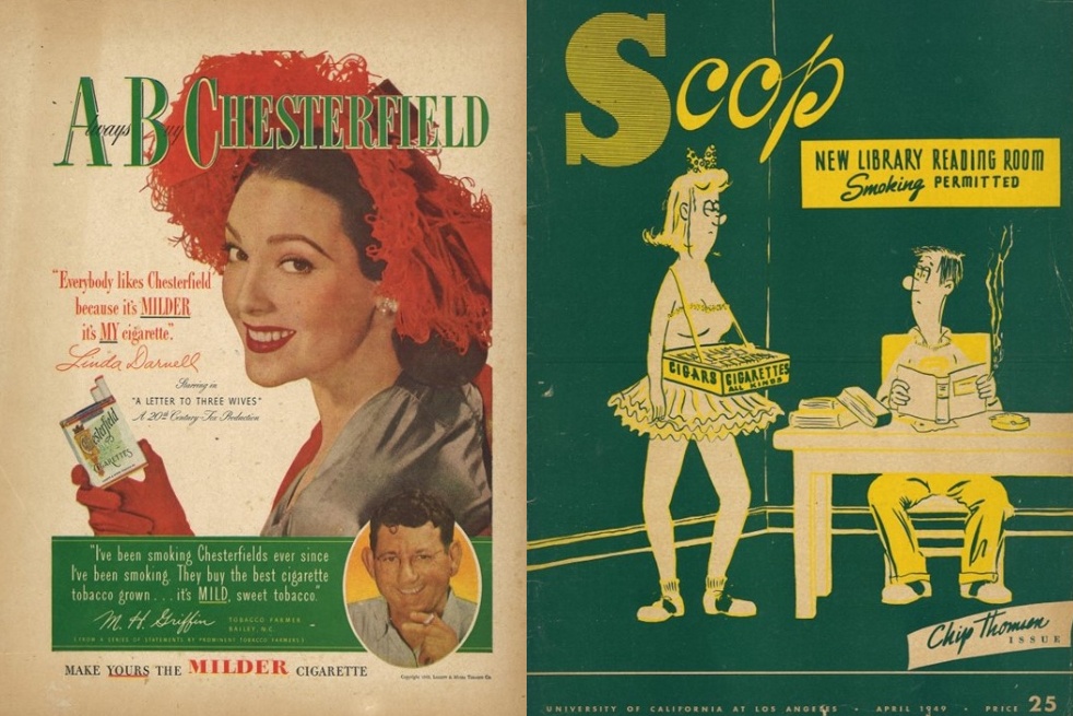 "NEW LIBRARY READING ROOM Smoking PERMITTED” [Cigarette girl selling cigars and cigarettes, as a satirical extension of smoking being permitted in the university library], with back cover cigarette ad.