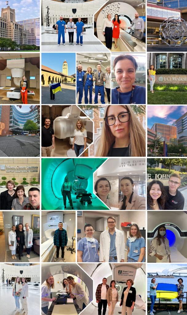 Collages of Ukrainian observers doing various activities at their host institutions.
