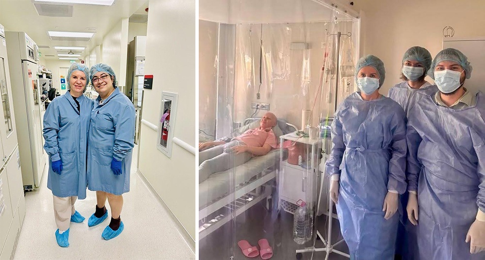 (Left) Kriachok and colleague posing in laboratory hallway in scrubs. (Right) Kriachok and two others pose in scrubs and masks beside a patient in hospital bed surrounded by clear plastic barrier.