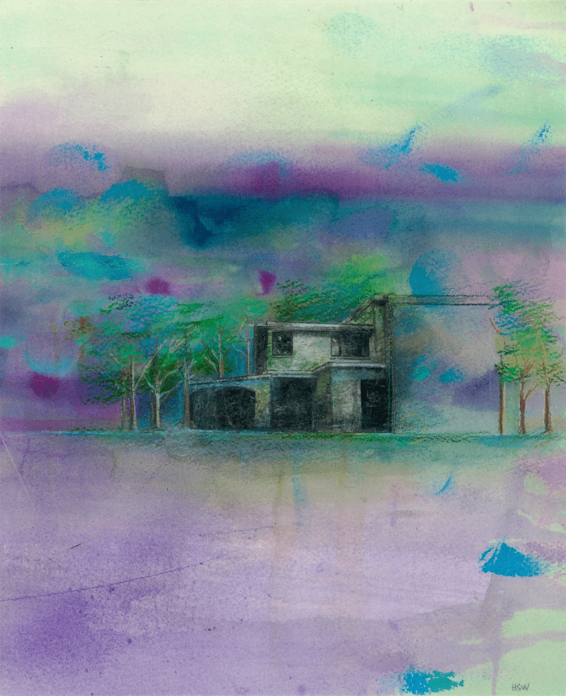 Watercolor of a home surrounded by trees against a purple and green background.
