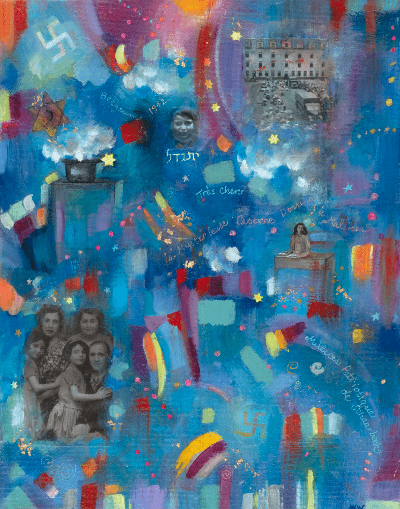 Painting with a blue background, embedded photographs, Nazi symbolism, and text in Hebrew and French.