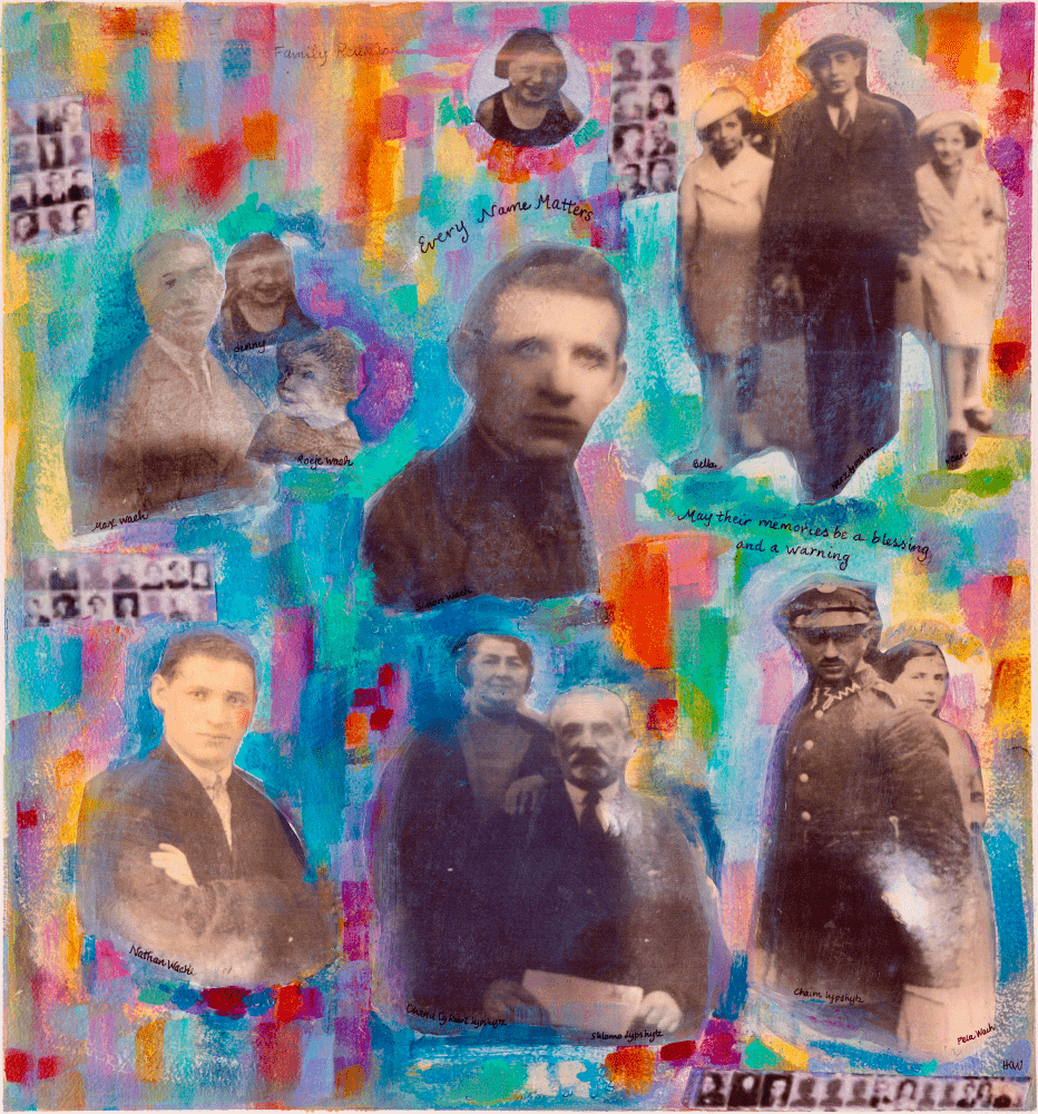 Mixed media artwork with photographs, watercolor, and writing that reads "Every Name Matters. May their memories be a blessing and a warning."
