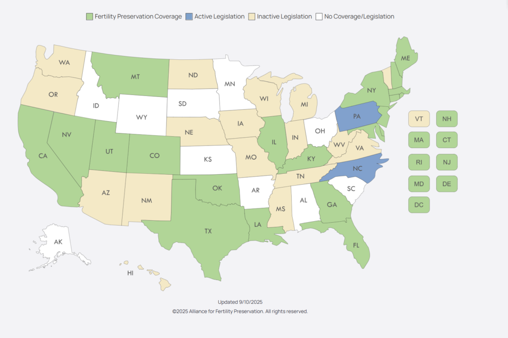 21 states and DC have some type of oncofertility insurance mandate. 2 states have no mandate, but pending legislation. 17 states have inactive legislation. 10 states have no legislation.