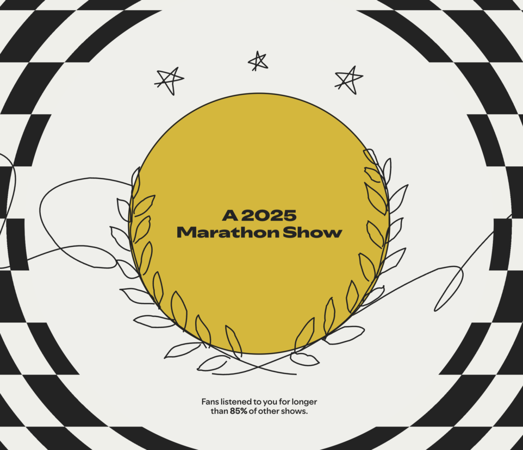 Spotify wrapped: A 2025 marathon show. Fans listened to you for longer than 85% of other shows.