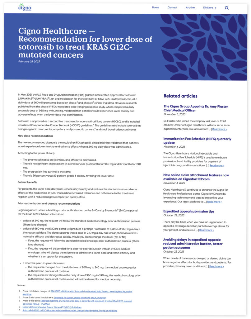 Screenshot of a Cigna press release titled "Cigna Healthcare&mdash;Recommendations for lower dose sotorasib to treat KRAS G12C-mutated cancers." The link to read this article is available in the caption. 
